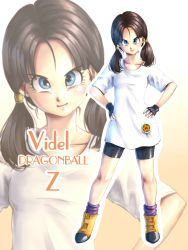 Rule 34 | 1girl, bike shorts, black hair, blue eyes, boots, character name, copyright name, dragon ball, dragonball z, eply, fingerless gloves, full body, gloves, hair tubes, hands on own hips, outline, shiny skin, shirt, socks, solo, star (symbol), t-shirt, twintails, videl, yellow footwear, zoom layer