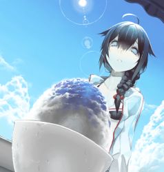 Rule 34 | 10s, 1girl, :o, ahoge, bad drawr id, bad id, bemanilovers, bikini, bikini top only, black hair, blue eyes, braid, cloud, day, drawr, dutch angle, food, from below, hair flaps, hair over shoulder, hot, jacket, kantai collection, lens flare, long hair, looking down, oekaki, open clothes, open jacket, outdoors, shaved ice, shigure (kancolle), shigure kai ni (kancolle), single braid, sky, solo, summer, sun, sweat, swimsuit