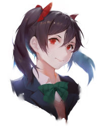 Rule 34 | 10s, 1girl, black hair, black jacket, bow, bowtie, green bow, green bowtie, hair between eyes, hair ribbon, highres, jacket, long hair, looking at viewer, love live!, love live! school idol project, portrait, red eyes, red ribbon, ribbon, school uniform, signature, simple background, smile, sola7764, solo, twintails, white background, yazawa nico