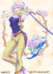 Rule 34 | 1girl, amano yoshitaka design, blonde hair, blue eyes, breasts, celes chere, cleavage, commentary request, final fantasy, final fantasy vi, holding, holding sword, holding weapon, long hair, sio2 (nisankakeiso), solo, sword, weapon