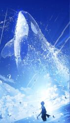 Rule 34 | 1boy, bird, blue sky, blue theme, cloud, contrail, day, flock, from side, highres, holding, holding paintbrush, horizon, lens flare, looking up, makoron117117, ocean, orca, original, outdoors, paintbrush, partially submerged, scenery, short hair, sky, solo, sparkle, turning head, water, water drop, white hair