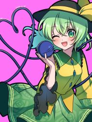 Rule 34 | 1girl, ;d, bad id, bad twitter id, black hat, blouse, blush, buttons, collared shirt, commentary, cowboy shot, dated, diamond button, emoriza, floral print, frilled shirt collar, frilled sleeves, frills, green eyes, green hair, green skirt, hair between eyes, hat, hat ribbon, heart, heart of string, highres, komeiji koishi, long sleeves, looking at viewer, medium hair, one eye closed, open mouth, pink background, ribbon, rose print, shirt, signature, simple background, skirt, smile, solo, third eye, touhou, twitter username, wide sleeves, yellow ribbon, yellow shirt