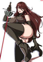 Rule 34 | 1girl, absurdres, alecto 0, artist name, ass, bad id, bad twitter id, bare shoulders, belt, bodysuit, breasts, covered erect nipples, detached sleeves, earrings, framed breasts, gloves, hair between eyes, high heels, highres, holding, holding weapon, jewelry, kirijou mitsuru, kneeling, large breasts, lips, long hair, looking to the side, on one knee, partially visible vulva, persona, persona 3, persona 4: the ultimate in mayonaka arena, rapier, red eyes, red hair, simple background, solo, sword, weapon, white background