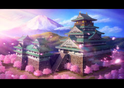 Rule 34 | architecture, building, castle, cherry blossoms, cloud, east asian architecture, highres, landscape, letterboxed, mount fuji, mountain, no humans, original, river, scenery, sky, stairs, water, wescap1