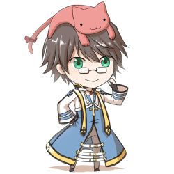 Rule 34 | 1boy, :3, animal, animal on head, arch bishop (ragnarok online), black footwear, black gloves, blue coat, brown hair, cat, cat on head, chibi, closed mouth, coat, commentary request, cropped jacket, cross, cross necklace, fingerless gloves, full body, glasses, gloves, green eyes, jacket, jewelry, long sleeves, looking at viewer, male focus, natsuya (kuttuki), necklace, on head, pants, pince-nez, pink cat, ragnarok online, rectangular eyewear, shoes, short hair, simple background, smile, solo, standing, white background, white jacket, white pants