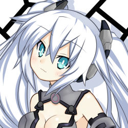Rule 34 | 10s, 1girl, :3, puff of air, bare shoulders, black heart (neptunia), blue eyes, blush, breasts, bright pupils, cleavage, crossed bangs, long hair, looking at viewer, meimu (infinity), neptune (series), noire (neptunia), solo, symbol-shaped pupils, white hair