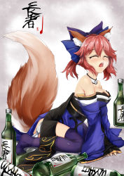 Rule 34 | 10s, 1girl, absurdres, alcohol, animal ears, bare shoulders, black thighhighs, bottle, bow, breasts, c (pixiv3064042), cleavage, closed eyes, collarbone, detached collar, detached sleeves, drunk, fang, fate/extra, fate (series), fox ears, fox tail, hair bow, hands on floor, highres, japanese clothes, large breasts, lcohol, obi, open mouth, pink hair, sake, sake bottle, sash, sidelocks, simple background, sitting, solo, tail, tamamo no mae (fate/extra), thighhighs, twintails, wariza, wide sleeves