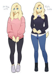 Rule 34 | 00niine, 1girl, animal nose, black footwear, black leggings, black sweater, blonde hair, blue eyes, blue pants, blush, body fur, breasts, closed mouth, clothes tug, collared shirt, cross-laced footwear, dog girl, dog tail, elizabelle (00niine), english text, female focus, full body, furry, furry female, happy, highres, leggings, light blush, long hair, long sleeves, looking at viewer, looking to the side, multiple views, original, own hands together, pants, pink sweater, shirt, shoes, sidelocks, simple background, small breasts, smile, snout, standing, sweater, sweater tug, tail, v arms, white background, white footwear, white shirt, yellow fur