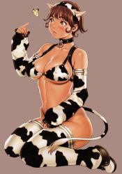 Rule 34 | 1girl, animal ears, animal print, arm up, ass, bikini, blush, boots, breasts, brown eyes, brown hair, bug, butterfly, cleavage, collar, covered erect nipples, cow ears, cow girl, cow print, cow tail, curvy, detached sleeves, fake animal ears, full body, hairband, hanako (tsukasa jun), highleg, highleg bikini, highleg swimsuit, hip focus, horns, huge ass, insect, large breasts, mature female, mole, mole under mouth, navel, open mouth, original, pointing, profile, short hair, sideboob, simple background, sitting, solo, swimsuit, tail, thigh boots, thighhighs, tsukasa jun, wide hips