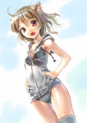 Rule 34 | 1girl, animal ears, brown eyes, brown hair, cat ears, cowboy shot, fang, fangs, hands in pockets, hands on own hips, hood, hoodie, katahira masashi, looking at viewer, one-piece swimsuit, open mouth, original, parka, short hair, sketch, smile, solo, swimsuit, zipper