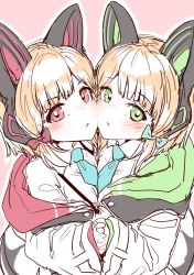 Rule 34 | 2girls, animal ear headphones, aqua bow, aqua necktie, blonde hair, blue archive, blush, bow, cat ear headphones, cheek-to-cheek, commentary request, fake animal ears, green eyes, hair bow, headphones, heads together, highres, holding hands, hourai kochou, interlocked fingers, jacket, looking at viewer, midori (blue archive), momoi (blue archive), multiple girls, necktie, pink background, red bow, red eyes, shirt, short hair, siblings, simple background, sisters, sketch, twins, white jacket, white shirt