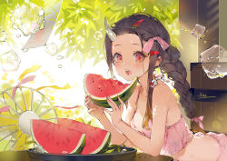 Rule 34 | 1girl, :o, akizero1510, arm support, backlighting, bare arms, bare shoulders, bikini, blush, breasts, cleavage, commentary, day, electric fan, fangs, food, forehead, fruit, hair ornament, hair ribbon, hairclip, holding, holding food, holding fruit, horns, ice, ice cube, kamado nezuko, kimetsu no yaiba, leaning forward, long hair, looking at viewer, nail polish, navel, open mouth, pink bikini, pink ribbon, ponytail, red eyes, red nails, ribbon, sidelocks, signature, small breasts, solo, sparkle, spoilers, sunlight, swimsuit, teeth, tray, upper teeth only, watermelon, watermelon seeds