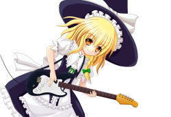 Rule 34 | 1girl, blonde hair, braid, dress, female focus, guitar, hat, instrument, john inu, kirisame marisa, simple background, solo, touhou, white background, witch, witch hat, yellow eyes