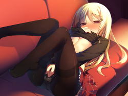 Rule 34 | 1girl, black pantyhose, blonde hair, blush, cameltoe, clothed masturbation, clothes lift, crotch seam, feet, female masturbation, fingering, fingering through clothes, flat chest, long hair, masturbation, masturbation through clothes, nekomu, original, panties, panties under pantyhose, pantyhose, red eyes, shirt lift, solo, source request, thighband pantyhose, through clothes, underwear
