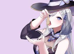 Rule 34 | 1girl, absurdres, black sleeves, blue eyes, commission, condom, detached sleeves, hat, heart, heart-shaped pupils, highres, purple ribbon, ribbon, shino laila, skeb commission, symbol-shaped pupils, tongue, tongue out, used condom, virtual youtuber, wactor production, white hair, witch hat, yanagui