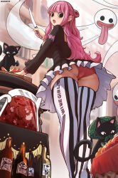 1girl aosora2823 apple artist_name ass black_cat black_dress black_eyes bottle breasts cat commentary_request dress fingernails food food_theft from_below fruit ghost highres holding holding_knife indoors knife large_breasts long_hair looking_back nail_polish no_pupils one_piece panties pantyshot perona pink_hair pink_lips red_panties skindentation solo striped_clothes striped_thighhighs thighhighs underwear vertical-striped_clothes vertical-striped_thighhighs very_long_hair wine_bottle