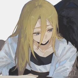 1boy 1girl black_choker black_hair black_shirt blonde_hair blue_eyes character_request choker closed_mouth collarbone double-parted_bangs frown hair_between_eyes jacket long_hair long_hair_between_eyes looking_at_another no_aid open_clothes open_jacket rachel_gardner satsuriku_no_tenshi shirt solo_focus upper_body white_jacket