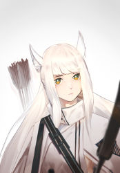 Rule 34 | :|, animal ears, arknights, closed mouth, highres, long hair, platinum (arknights), quiver, ronnie choy, sidelocks, simple background, solo, standing, upper body, white background, white hair, yellow eyes