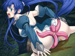 Rule 34 | 1girl, asaga aoi, bare shoulders, blue eyes, blue hair, breasts, cape birattsu, crying, female focus, game cg, large breasts, long hair, matching hair/eyes, open mouth, panties, peeing, peeing self, ponytail, solo, spread legs, tears, teeth, tentacles, thief and troll, tongue, underwear, very long hair, white panties