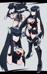 Rule 34 | absurdres, aneurysm ax, belt, black hair, black leotard, blue eyes, boots, breasts, clenched teeth, cyborg, full body, grey background, hair ornament, highres, kill la kill, kiryuuin satsuki, large breasts, leotard, long hair, pouch, revealing clothes, sharp teeth, simple background, standing, sword, teeth, thigh boots, upper body, very long fingernails, weapon