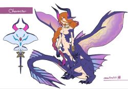 Rule 34 | 1girl, animal hands, bracelet, braid, breasts, centauroid, character sheet, closed mouth, dragon girl, dragon horns, fins, full body, gradient hair, horns, jewelry, long hair, medium breasts, monster girl, mullmull02, multicolored hair, navel, necklace, orange hair, original, outstretched arms, purple hair, red eyes, signature, simple background, smile, solo, spread arms, spread wings, tail, taur, very long hair, white background, wings