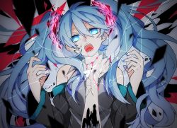 Rule 34 | 1girl, bare shoulders, blood, blue eyes, blue hair, blue nails, detached sleeves, eiku, fingernails, ghost rule (vocaloid), glowing, glowing eyes, grey shirt, hair between eyes, hair ornament, hand around neck, hatsune miku, long hair, looking at viewer, nail polish, open mouth, shirt, sleeveless, sleeveless shirt, solo, twintails, upper body, very long hair, vocaloid
