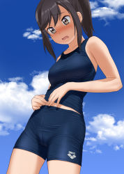 Rule 34 | 1girl, arena (company), blue one-piece swimsuit, blue shorts, blue sky, blush, breasts, brown eyes, cowboy shot, embarrassed, highres, ichijou hotaru, long hair, looking down, medium breasts, mu-pyon, non non biyori, nontraditional school swimsuit, one-piece swimsuit, ponytail, school swimsuit, shorts, sky, solo, sweatdrop, swimsuit, taut clothes, taut swimsuit