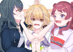 Rule 34 | 3girls, absurdres, blonde hair, clenched teeth, commentary request, confrontation, crossed arms, facing another, frown, fujita kotone, gakuen idolmaster, green hair, hanami saki, highres, holding hands, idolmaster, interlocked fingers, multiple girls, red hair, saku 0521, shaded face, teeth, trembling, tsukimura temari, upper body