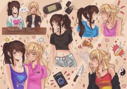 Rule 34 | 2girls, belt, black choker, black hair, black shirt, blonde hair, blue eyes, blue shirt, camisole, choker, cigarette, class of 09, closed eyes, collarbone, collared shirt, crop top, food, handheld game console, heart, highres, holding, holding cigarette, jecka (class of 09), knife, lighter, mamamia28825, multiple girls, navel, nicole (class of 09), one eye closed, pill bottle, pink shirt, pink tank top, pizza, pizza slice, playstation portable, purple tank top, shirt, smoking, speech bubble, tank top, tongue, tongue out, yellow eyes, yin yang, zippo lighter