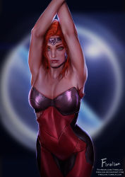 Rule 34 | 1girl, alternate costume, armpits, arms up, blurry, blurry background, breasts, bustier, closed mouth, firolian, forehead protector, green eyes, gun goddess miss fortune, highres, large breasts, league of legends, lips, lipstick, long hair, looking at viewer, makeup, patreon username, red hair, red lips, miss fortune (league of legends), short hair, signature, skin tight, solo, standing, torn clothes, watermark, web address