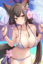 Rule 34 | 1girl, akahi242, animal ear fluff, animal ears, asymmetrical hair, beach, bikini, blue archive, blush, bracelet, breasts, brown eyes, brown hair, cherry blossoms, cleavage, closed mouth, collarbone, day, flower, fox ears, fox tail, hair flower, hair ornament, halo, highres, jewelry, large breasts, leaning forward, long hair, looking at viewer, nail polish, navel, outdoors, pink flower, purple bikini, purple nails, sidelocks, smile, solo, stomach, swimsuit, tail, wakamo (blue archive), wakamo (swimsuit) (blue archive)