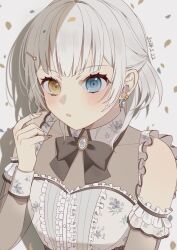 Rule 34 | 1girl, bang dream!, bang dream! it&#039;s mygo!!!!!, black bow, black bowtie, blue eyes, blush, bow, bowtie, commentary request, dated, dress, earrings, falling petals, grey background, hair ornament, hairclip, hand up, heterochromia, highres, jewelry, kaname raana, long sleeves, looking at viewer, me a (r party428), off-shoulder dress, off shoulder, parted lips, petals, simple background, solo, upper body, white dress, yellow eyes