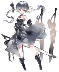 Rule 34 | 1girl, bare shoulders, black footwear, boots, closed mouth, commentary request, dress, full body, grey dress, grey hair, hair between eyes, highres, knee boots, kotatu (akaki01aoki00), long hair, looking at viewer, original, red eyes, sidelocks, solo, standing, strapless, strapless dress, sword, twintails, very long hair, weapon, white background