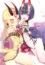 Rule 34 | 2girls, bare legs, bare shoulders, blonde hair, blush, breasts, character doll, commentary request, cup, earrings, facial mark, fate/grand order, fate (series), hair ornament, horns, ibaraki douji (fate), ikeya, japanese clothes, jewelry, kimono, long hair, lying, multiple girls, navel, obi, pointy ears, purple eyes, purple hair, sakazuki, sash, shuten douji (fate), skin-covered horns, small breasts, tattoo, yellow eyes