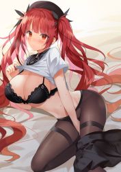 Rule 34 | 1girl, azur lane, between legs, black bra, blush, bow, bow bra, bra, breasts, choker, cleavage, clothes lift, commentary, commentary request, hair ribbon, hand between legs, hat, honolulu (azur lane), honolulu (umbrella girl) (azur lane), kurot, lace, lace-trimmed bra, lace trim, large breasts, lifted by self, long hair, lying, no panties, pantyhose, red eyes, red hair, ribbon, school uniform, serafuku, shirt lift, short sleeves, skirt, skirt around one leg, solo, sweat, thighband pantyhose, twintails, underwear, very long hair
