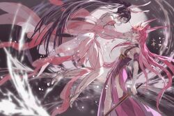 Rule 34 | 2girls, absurdres, animal ears, artist request, bandaged leg, bandages, black hair, crying, douluo dalu, dress, dual persona, falling petals, floating, from side, glowing symbol, hair bun, high heels, highres, holding, holding sword, holding weapon, long hair, looking at another, multiple girls, pantyhose, petals, pink dress, pink hair, ponytail, rabbit ears, second-party source, sword, weapon, white pantyhose, wind, xiao wu (douluo dalu)
