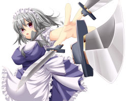 Rule 34 | 1girl, bad id, bad pixiv id, braid, breasts, dress, female focus, izayoi sakuya, knife, maid, melopun, red eyes, silver hair, simple background, solo, throwing knife, touhou, weapon, white background