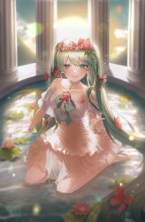Rule 34 | 1girl, absurdly long hair, absurdres, barefoot, bug, butterfly, dress, flower, hair ornament, hatsune miku, highres, insect, lily pad, long hair, looking at viewer, meraring, outstretched arm, pond, sitting, very long hair, vocaloid