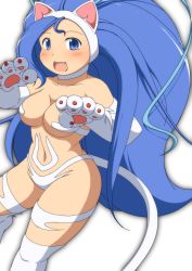 Rule 34 | 1girl, animal ears, animal hands, bare shoulders, big hair, blue eyes, blue hair, blush, breasts, cat ears, cat tail, cleavage, curvy, fangs, felicia (vampire), highres, long hair, looking at viewer, matching hair/eyes, mirano, navel, open mouth, solo, tail, thighhighs, vampire (game), very long hair