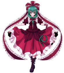 Rule 34 | 1girl, arm ribbon, blood, blood on clothes, blood on face, blood stain, boots, clothes lift, curtsey, dress, dress lift, female focus, front ponytail, green eyes, green hair, hair ribbon, highres, kagiyama hina, matching hair/eyes, nikka (cryptomeria), red dress, ribbon, skirt hold, smile, solo, standing, touhou, transparent background, yandere