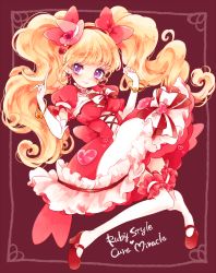 Rule 34 | 1girl, asahina mirai, blonde hair, bow, character name, choker, cure miracle, cure miracle (ruby style), cure miracle ruby style, earrings, elbow gloves, frilled skirt, frills, full body, gloves, hair bow, hat, heart, heart earrings, highres, jewelry, long hair, looking at viewer, magical girl, mahou girls precure!, mary janes, mini hat, mini witch hat, pink hat, precure, purple eyes, red background, red bow, red footwear, ruby style, shoes, skirt, smile, solo, striped, striped bow, thighhighs, twintails, uzuki aki, white gloves, white thighhighs, witch hat