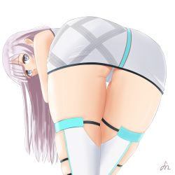 Rule 34 | 1girl, absurdres, ass, ass focus, bare shoulders, blunt bangs, cameltoe, d4dj, dress, furanfuranchan, grey eyes, highres, izumo saki, leaning forward, long hair, looking at viewer, looking back, panties, silver hair, simple background, solo, standing, thighhighs, thighs, underwear, upskirt, white background, white dress, white panties