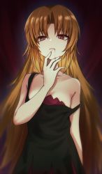 Rule 34 | 1girl, akatsuki uni, ankoku kishi m, black dress, blonde hair, blood, blood from mouth, blood on face, dress, female focus, highres, long hair, looking at viewer, parted bangs, red eyes, solo, strap slip, uni create, vampire