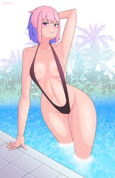 Rule 34 | 1girl, absurdres, arm behind head, arm up, artist name, bandaid, bandaid on face, black slingshot swimsuit, blue hair, breasts, closed mouth, commission, female focus, highres, lackatask, looking at viewer, mole, mole under eye, multicolored hair, navel, original, partially submerged, pink hair, pool, purple eyes, short hair, slingshot swimsuit, small breasts, solo, swimsuit, water