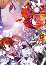 Rule 34 | 00s, 3girls, bad id, bad pixiv id, blue eyes, bow, braid, brown hair, cityscape, cross, feathers, fingerless gloves, flying, from above, gloves, ikawa waki, looking afar, looking at viewer, lyrical nanoha, magic circle, mahou shoujo lyrical nanoha, mahou shoujo lyrical nanoha strikers, multiple girls, puffy sleeves, purple eyes, raising heart, raising heart (accel mode), red eyes, red hair, smile, takamachi nanoha, takamachi nanoha (sacred mode), twin braids, twintails, uniform, vita (nanoha), vivio