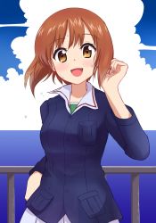 Rule 34 | 1girl, :d, arm behind back, blue jacket, blue sky, brown eyes, brown hair, cloud, cloudy sky, commentary, day, girls und panzer, green shirt, hand in own hair, highres, jacket, kagazaki, long sleeves, looking at viewer, military, military uniform, nishizumi miho, ocean, ooarai military uniform, open mouth, outdoors, pleated skirt, railing, shirt, short hair, skirt, sky, smile, solo, standing, sweat, uniform, white skirt, wind