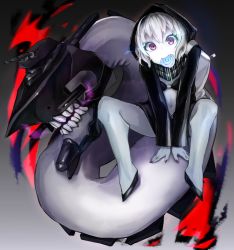 Rule 34 | 10s, 1girl, abyssal ship, backpack, bad id, bad pixiv id, bag, bikini, bikini top only, candy, colored skin, fang, food, glowing, glowing eyes, highres, hood, hooded jacket, hoodie, jacket, kantai collection, lollipop, long sleeves, looking at viewer, mouth hold, navel, purple eyes, re-class battleship, scarf, short hair, silver hair, sitting, solo, spread legs, swimsuit, swirl lollipop, tail, teeth, turret, v arms, weasel (close-to-the-edge), white skin