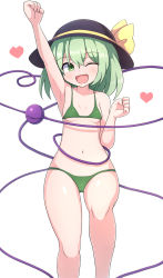 Rule 34 | 1girl, ;d, arm up, bikini, black hat, blush, breasts, eyeball, feet out of frame, green bikini, green eyes, hand up, hat, hat ribbon, heart, highres, komeiji koishi, light green hair, looking to the side, medium hair, navel, one eye closed, open mouth, ribbon, rizento, shiny skin, simple background, small breasts, smile, solo, swimsuit, third eye, touhou, wavy hair, white background, yellow ribbon