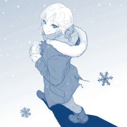 Rule 34 | 10s, 1girl, anastasia (idolmaster), blue theme, boots, commentary request, from above, from side, full body, highres, holding, hood, hoodie, hot drink, idolmaster, idolmaster cinderella girls, looking at viewer, looking up, monochrome, pantyhose, short hair, simple background, smile, snow, snowflakes, snowing, solo, steam, sweater, tocky, walking