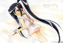Rule 34 | 00s, apron, ass, black hair, bottomless, brown eyes, dated, food, from side, halterneck, kan&#039;u (koihime musou), koihime musou, long hair, looking back, no panties, rice, side ponytail, simple background, solo, standing, thighs, very long hair